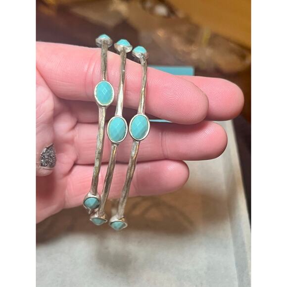 Julie Vos Silver Tone Turquoise Stone Bangle Stacking Bracelet Set of 3 Layer - Picture 3 of 7